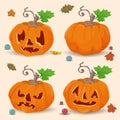 Set 1 of four pumpkins flat illustration for halloween holiday background isolated