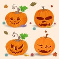 Set of 3 of four pumpkins flat illustration for halloween holiday background isolated