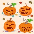 Set of 4 of four pumpkins flat illustration for halloween holiday background isolated