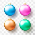 Set of Four realistic Christmas or New Year transparent Baubles, spheres or balls in different colors with golden caps