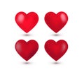 Set of four realistic red Valentine Hearts, shadow. Vector illustration