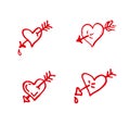 Set of four red hearts pierced by a cupid arrow. Sketch illustration for Valentine`s day. Royalty Free Stock Photo