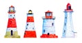 Set with four red and white cartoon lighthouses. Hand drawn watercolor illustration