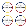 Set of four Romanian icons, English title Made in Romania, premium quality stickers and symbols, internation labels