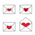 Set of four romantic vector Valentine envelopes isolated on white. Royalty Free Stock Photo
