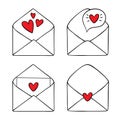 Set of four romantic vector Valentine envelopes isolated on white. Royalty Free Stock Photo