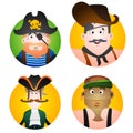 Set of four round of avatars with a picture of pirates. Cartoon illustration for gaming mobile applications and for design t-shirt