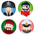 Set of four round of avatars with a picture of pirates and sailors. The pirate, sailor, fisherman and captain. Cartoon