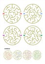 Set of four round maze game templates with answers