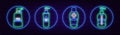 A set of four round neon icons, antiseptics or antibacterial agents. Against a brick wall.