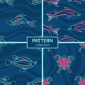 Set of four seamless fashion colorful fish and turtle patterns. Australian art. Aboriginal painting style, aboriginal ornament Royalty Free Stock Photo