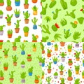 Set of four seamless patterns with cactuses and succulents. Cute cartoon cactus collection. Cactuses and plants abstract