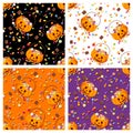 Set of four seamless patterns with Halloween candies. Vector illustration. Royalty Free Stock Photo