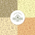 Set of four seamless vector patterns of farm animals, buildings, equipment and other elements.