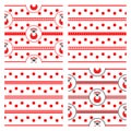 Four seamless vector patterns with panda bear in bathing suit and red polka dots and stripes