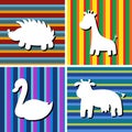 A set of four silhouettes of animals on seamless striped pattern