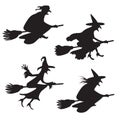 Set of four silhouettes of flying witches Royalty Free Stock Photo