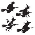 Set of four silhouettes of flying witches