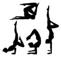 Set of four silhouettes of young woman with short hairstyle doing yoga poses.