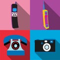 A set of four simple flat style icons with a long shadow of old retro vintage hipster antique electronics, cellular mobile button Royalty Free Stock Photo