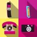 A set of four simple flat style icons with a long shadow of old retro vintage hipster antique electronics, cellular mobile button Royalty Free Stock Photo