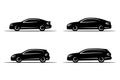 Set of four simple vehicle icons in black. It contains a car, a sports car and a station wagon. Royalty Free Stock Photo