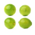 Set of four single limes in different compositions and foreshortenings, isolated over the white background