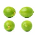 Set of four single limes in different compositions and foreshortenings, isolated over the white background