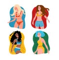 Set of four smiling girls dancing in bright swimsuits. Young women on the beach feeling happy. Colorful vector illustration Royalty Free Stock Photo