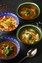 Set of four soups from worldwide cuisines, healthy food on dark concrete table Royalty Free Stock Photo