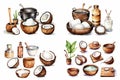 Set of four spa compositions of coconut in watercolor style. Generative AI Royalty Free Stock Photo