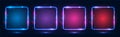 A set of four square neon frames with shining effects, highlights on a dark background. Royalty Free Stock Photo