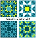 Set of four stylish geometric seamless patterns with triangles and squares of teal, yellow, blue and white shades