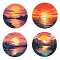 Set of four sunsets in the mountains and sea. Vector illustration Royalty Free Stock Photo