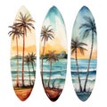 Set of four surfboards with palm trees on the beach. illustration Generative AI Royalty Free Stock Photo