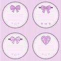 set of four tags for childrens goods on a striped background, flat vector graphics, pink palette