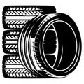 Set of four tires. Wheel tires without disk. Template for design, element for background. Vector monochrome illustration