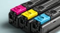 Color Laser Printer Toner Cartridges in Magenta, Cyan, Blue, and Yellow Royalty Free Stock Photo