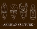 Set of four traditional African masks on a brown background.