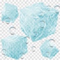 Set of four transparent ice cubes in blue colors. Many bubbles Royalty Free Stock Photo