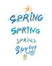 Set of four variants of the graphic writing of the word Spring. Modern inscription Spring and painted flowering branch.