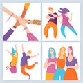 Set of four vector friendship motivation images with happy people.