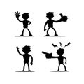 Set of four vector illustrations of silhouettes of boy cartoon character in various gestures in black isolated