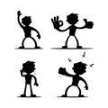 Set of four vector illustrations of silhouettes of boy cartoon character in various gestures in black isolated Vol2