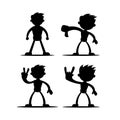 Set of four vector illustrations of silhouettes of boy cartoon character in various gestures in black isolated. Vol.3