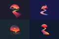 set of four vector logo depicting a sea waves and sunset isolated on black background.