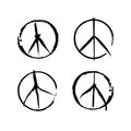 Set of four vector peace symbols. Sign pacifist, peace symbol, drawn by hand with a brush.