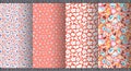 Set with four vector seamless patterns, abstract white flowers on trand coral background.