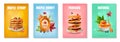 Set of four vertical posters with natural maple syrup and homemade pancakes on colored background isolated realistic vector