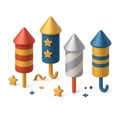 Set of four colorful 3d firework rockets, red, blue, silver, and gold, standing upright on a white background, perfect for Royalty Free Stock Photo
